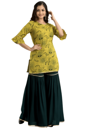 Yellow And Green Colour Kurta And Sharara Set For Womens 48-4XL